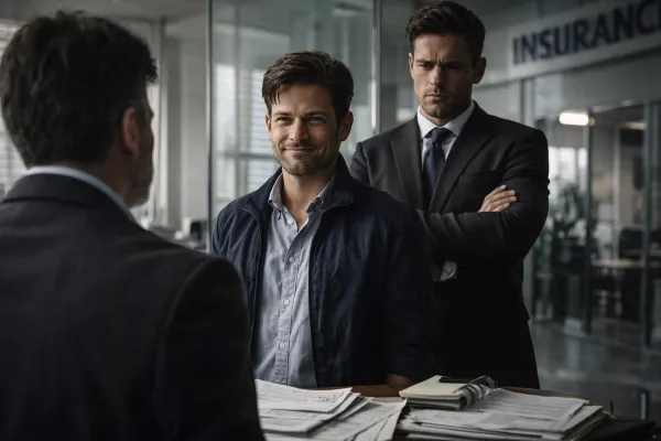 Imagen visual de la persona que le habían rechazado el seguro yendo a confrontar a la aseguradora con un abogado de aliado para que este evite el periodo de espera de el afectado.
