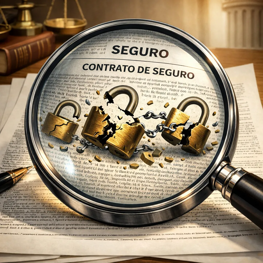 Imagen de una lupa de gran tamaño sobre un contrato de seguro con letras diminutas que se transforman en candados rotos simbolizando la libertad de las clausulas abusivas en póliza de seguro