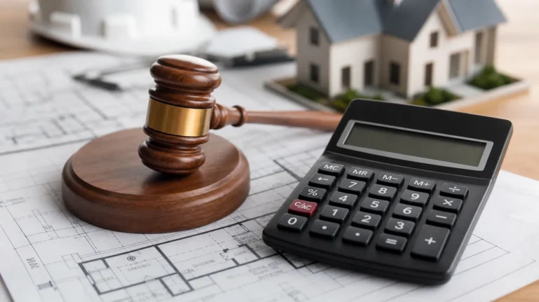 Abogado inmobiliario en México y costos: Imagen de una calculadora descansando sobre un plano arquitectónico y un mazo de madera, simbolizando el equilibrio entre la inversión financiera y la seguridad jurídica en bienes raíces