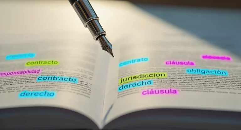 Imagen de una pluma estilográfica suspendida sobre un documento con términos técnicos resaltados en luz neón, simbolizando la claridad que surge al descifrar los términos legales