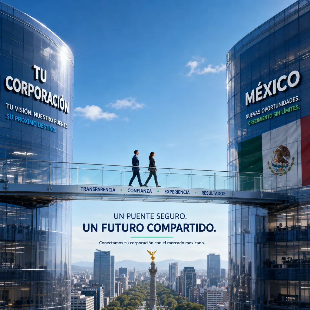 Imagen de un puente de cristal conectando dos rascacielos bajo un cielo despejado, simbolizando la transición segura y transparente de una corporación hacia el mercado mexicano, evitando los errores legales en empresas