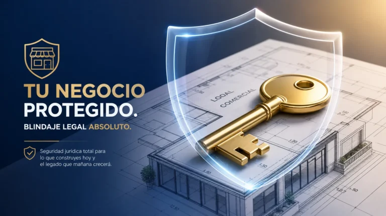 Cláusulas que protegen tu empresa en contrato de arrendamiento: Imagen de una llave dorada reposando sobre un plano arquitectónico de un local comercial, envuelta por un escudo traslúcido que simboliza el blindaje legal absoluto.