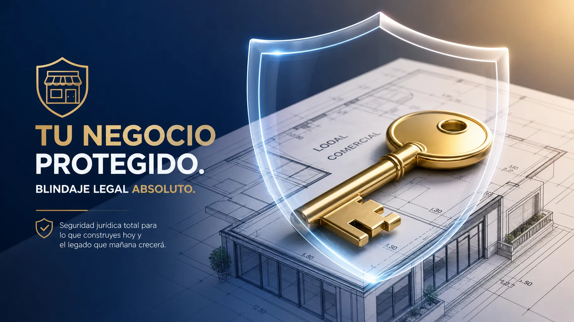 Cláusulas que protegen tu empresa en contrato de arrendamiento: Imagen de una llave dorada reposando sobre un plano arquitectónico de un local comercial, envuelta por un escudo traslúcido que simboliza el blindaje legal absoluto.