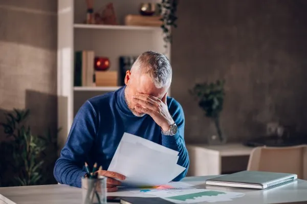 Qué revisar antes de firmar una escritura: Fotografía de un caballero bastante arrepentido de haber firmado el contrato, ya que se metió en problemas por no haber entendido algunas cláusulas.