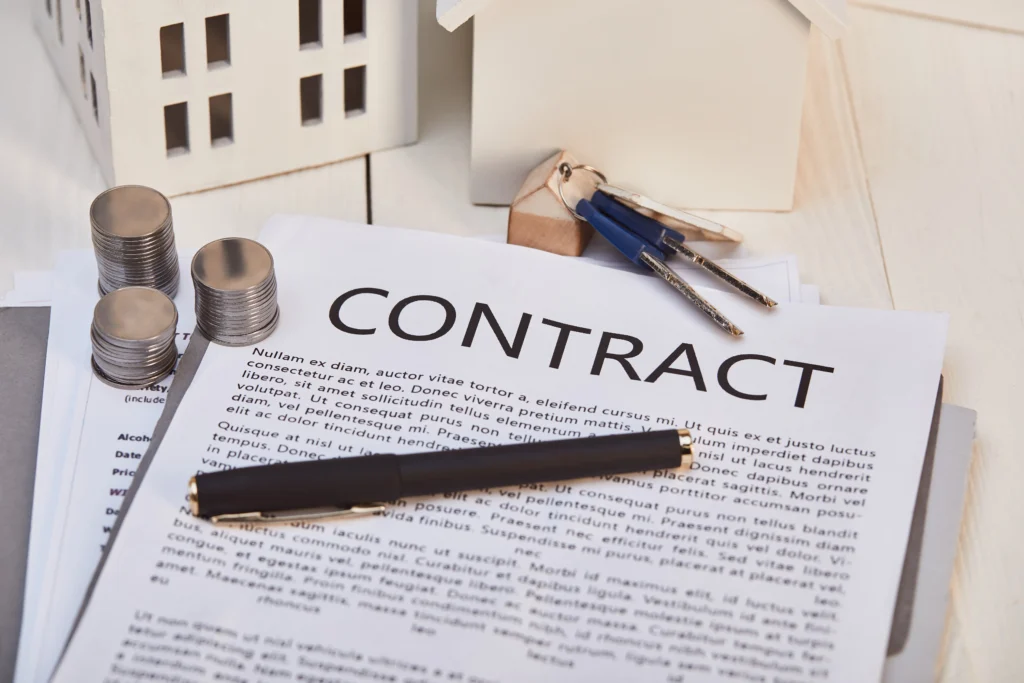 Contrato de compraventa de inmueble: Imagen de un contrato de compraventa sobre la mesa junto con unas llaves y monedas simbolizando el modelo de contrato