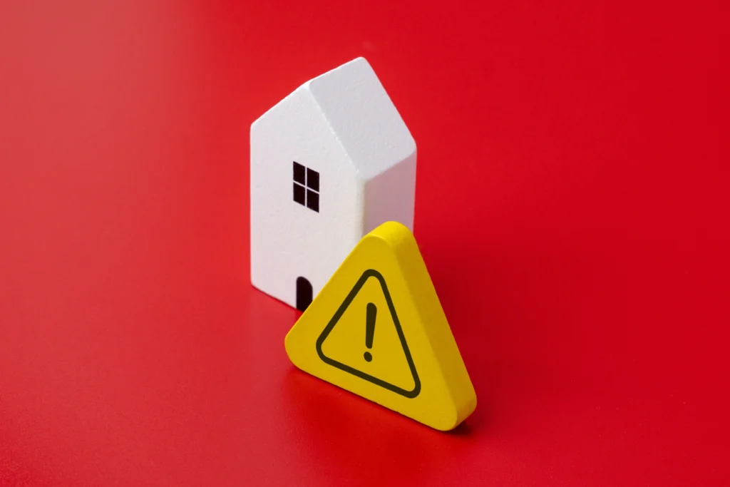 Regularización de propiedades sin escrituras: Imagen de una casa pequeña con un fondo rojo y un icono de advertencia haciendo referencia a que la propiedad se encuentra en peligro porque carece de blindaje por no tener escrituras