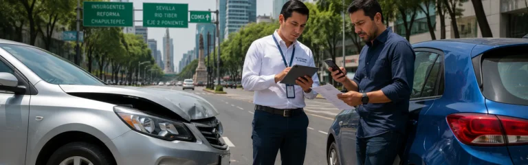 Seguro de daños a terceros en accidente de tránsito: Imagen de un perito y un hombre que tuvo un percance en auto checando que se puede hacer en esos casos