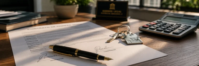 Contrato de compraventa de inmueble: Imagen de una pluma estilográfica, un documento y unas llaves de una propiedad sobre la mesa que hace referencia al contrato de compraventa