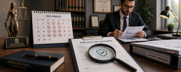 Cuánto tiempo tiene la aseguradora para pagar un siniestro: Imagen de un hombre de traje sentado en su escritorio y un calendario con fechas marcadas en rojo simbolizando los días que tiene la aseguradora para pagar el siniestro