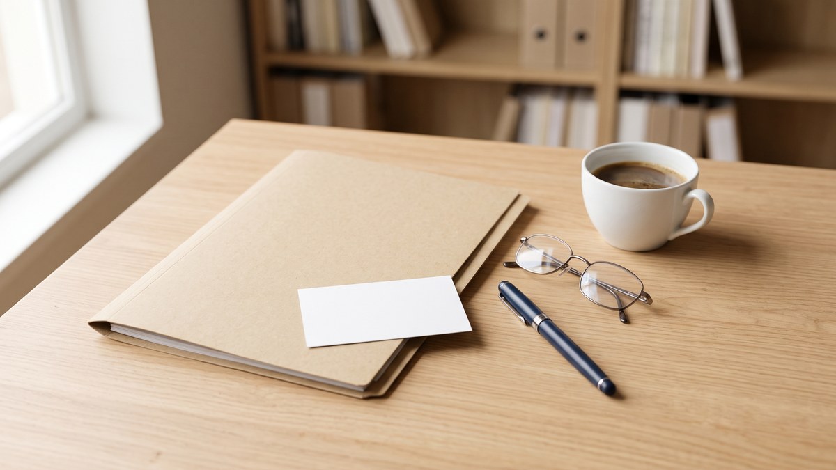 Escritorio con un expediente cerrado, lentes de lectura y una pluma, listo para una consulta con un abogado.